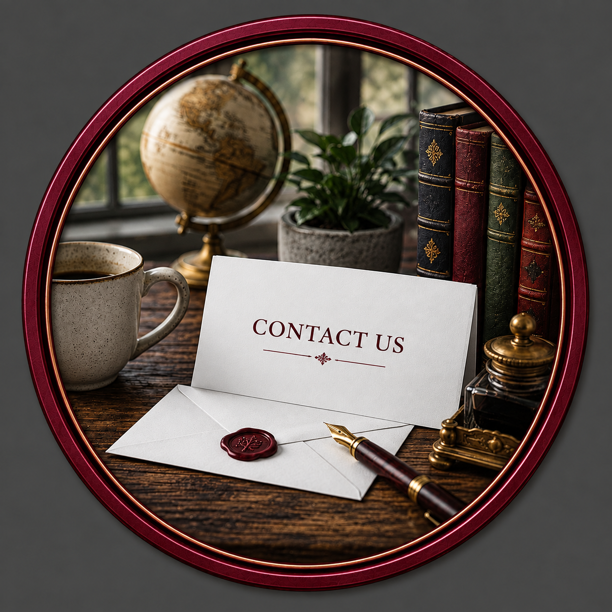 Contact card, envelope, fountain pen, books, globe, and study desk